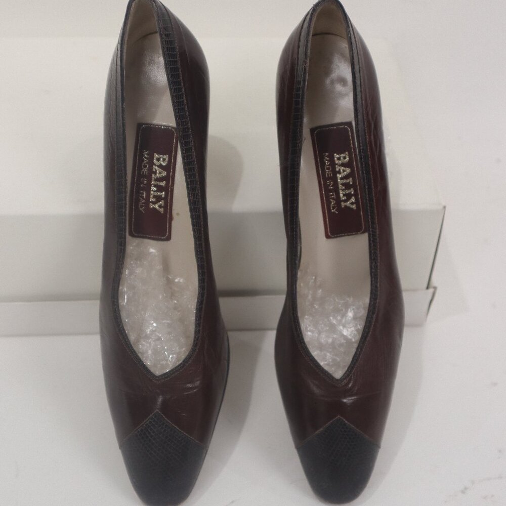 ❄️ Vintage Bally Brown Leather Black Tip Snakeskin Shoes Heels Pumps 5